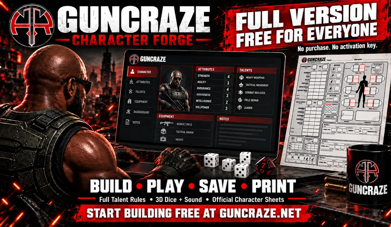 GunCraze Character Forge: build, play, save, and print